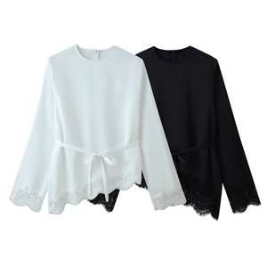 Zevity Camicetta da Donna Sexy Nera e Bianca con Orlo in Pizzo Asimmetrico in <span class=keywords><strong>Raso</strong></span> Morbido, Top Chic in Poliestere per Clubwear - Product Image 6