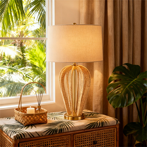 Tall Boho Coastal Rustic Paper Rope <strong>Rattan</strong> Wicker Look Electric E26 B22 <strong>Lamp</strong> Beige Fabric Linen <strong>Shade</strong> - Product Image 1