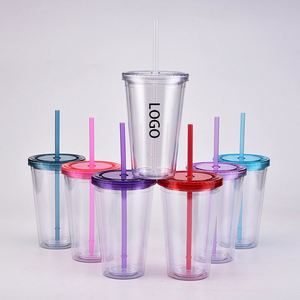 Offre Spéciale – Gobelet personnalisé avec logo imprimé, 16 oz, double paroi, en plastique acrylique transparent, avec trou et paille - Product Image 1