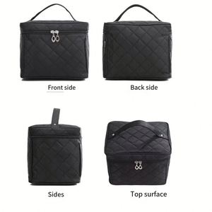Black Nylon Quilted Cosmetic Bag <b>with</b> Built-in <b>Mirror</b>, Large Capacity Toiletry Organizer for Women - Product Image 3