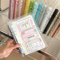 Classeur à 6 anneaux en PVC A6 transparent à paillettes de grande taille, couverture souple, à feuilles mobiles avec clips en métal colorés, enveloppes pour billets de caisse de taille A5
