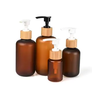 60ml 120ml 250ml 500ml amber buzlu geri dönüşümlü pet kozmetik ambalaj plastik losyon şampuan şişeleri bambu pompa ile