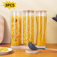 Ensemble de 3 bocaux en verre de 2200 ml avec couvercle en bambou hermétique pour pâtes, spaghetti, céréales, café, thé avec étiquettes et brosse, pot de conservation en verre