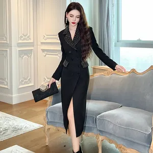 ZYHT 30573 bureau dames revers col Double bouton Blazer robe à pois noir moulante longue robe crayon