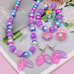 4 Pièces/set Collier de perles de sirène Bracelets Boucles d'oreilles pour enfants Petite fille Ensemble de bijoux de perles de sirène Sacs de faveurs pour la fête - Product Image 1