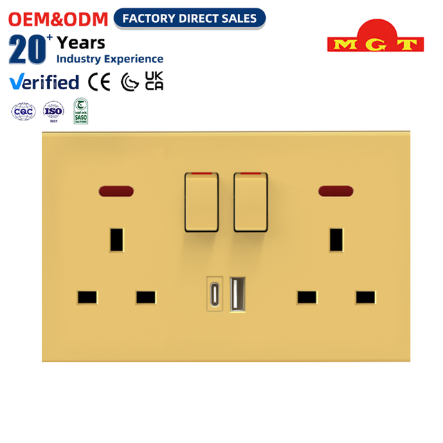 OEM Factory Supply Gold Double 13A Switched Socket with Neon USB Type-C Combo Multi Function Wall Power Outlet Switches Socketed