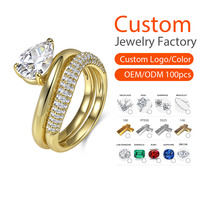 Parures de bagues de fiançailles en argent sterling 925 avec zircon 2 carats - Bague double luxueuse pour femme, plaquée or 18 carats