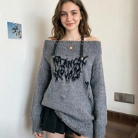 Pull en tricot à épaules dénudées avec bretelles à boucles et imprimé vieilli |   Pull oversize Y2K pour femme, haut confortable style automne et hiver