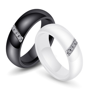 Anillo de cerámica biselado de 6 mm con incrustaciones de circonita, blanco y negro, anillo de boda unisex, forma geométrica - Product Image 2