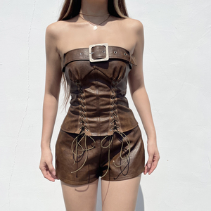 Chaleco de cuero PU sin tirantes para mujer, top tubo con cordón y cinturón, ajustado, sin mangas, estilo casual urbano, top de moda - Product Image 4