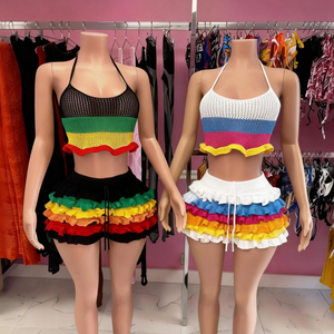 G02271C Set 2 Potong Celana Pendek Rajut Wanita Warna Kontras Musim Semi 2026 - Product Image 1