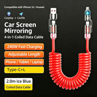 Kabel Pengisi Daya Mobil 240W 4-in-1 Retractable Spring Super Fast Charge Carplay Data Cord USB-A Type-C L untuk iPhone Android