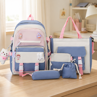 Ransel sekolah gaya kuliah lucu 17 inci, Set 5 potong dengan kotak pensil modis dan tas jinjing tahan air tas bahu