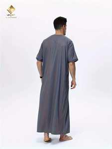 Al Haramain <b>Men</b> <b>Thobe</b> Short Sleeve Cotton Robe Solid Color Round Neck Floor Length Breathable Prayer Wear Middle Eastern Style - Product Image 1