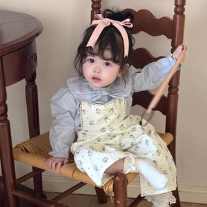 2025年新作 ブルー花柄コットンベビー服ロンパース 女の子用 春夏 幼児用ワイドレッグサスペンダーパンツ - Product Image 2