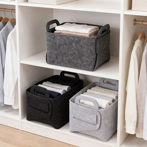 Panier de rangement en feutre pliable - Grands bacs de rangement pour placard avec poignée, organisateur de linge, paniers de rangement robustes pour étagères - Product Image 2