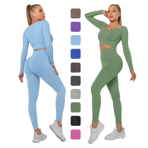 Set <span class=keywords><strong>Fitness</strong></span> da palestra Set 2022 <span class=keywords><strong>donna</strong></span> Crop <span class=keywords><strong>Top</strong></span> manica lunga a coste di alta qualità Leggings lunghi tuta Yoga senza cuciture - Product Image 1