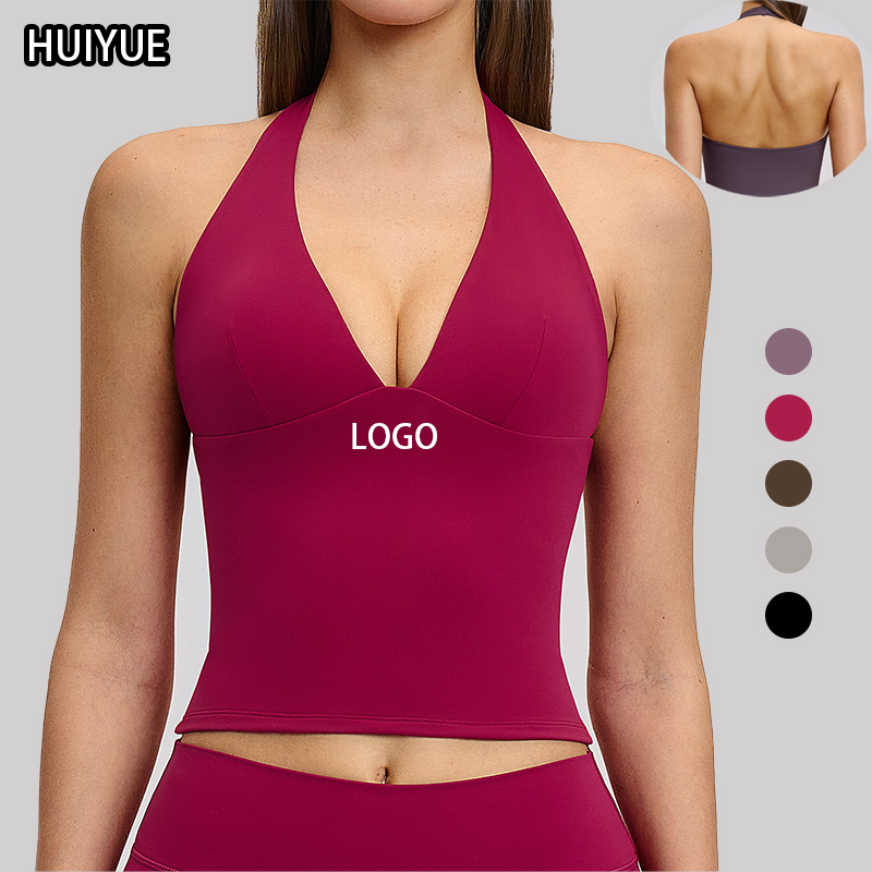 New Custom Logo Slim Fitness Halter Vest for Women Soft Workout Yoga Tank Top Seamless Simple Quick Dry Lightweight