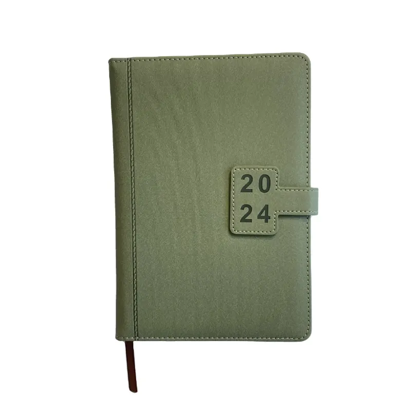 HK A5 wholesale custom printing PU leather 2024 daily planner journal notebook with indexes square magnetic closure Green