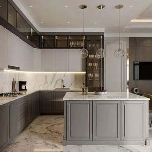 Solution de cuisine intégrée moderne sur mesure pour appartement villa, finition en acier inoxydable et acrylique, plan de travail en quartz, ensemble complet d'armoires - Product Image 2