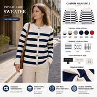 Cardigan décontracté rayé à col rond en 100 % laine épaisse 12G pour femme, 517g, pull tricoté à manches raglan longues pour l'automne et l'hiver