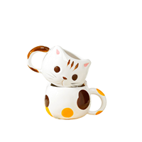 Tasse à café en céramique écologique de 430 ml avec soucoupe, motif chat de dessin animé, 3 couleurs, pour la maison, animaux mignons, eau, petit-déjeuner, lait, dessinée à la main, vente en gros