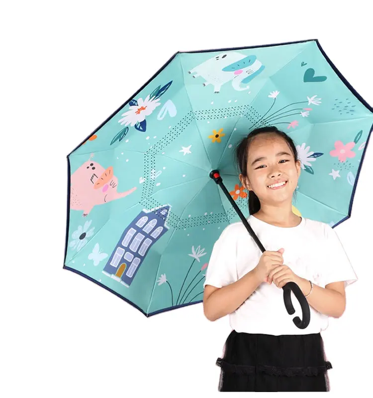 HJH528 बच्चों रिवर्स तह छाता हाथों से मुक्त बारिश महिलाओं प्यारा कार्टून बच्चों डबल उल्टे छाता पशु छाते