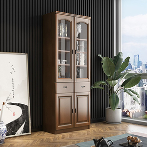 Grande bibliothèque en bois massif avec porte en verre Étagère murale sur pied pour la maison Minimaliste moderne - Product Image 2