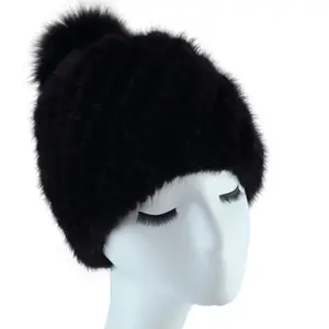 Topi Bulu Cerpelai Wanita Musim Dingin Topi Pom Pom Bulu Rubah Asli Grosir