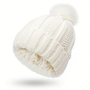 Gorros de punto con forro de satén y pompón de piel desmontable para niñas, forro de seda, elásticos, cálidos, para invierno, casquette, chapeau femme - Product Image 1