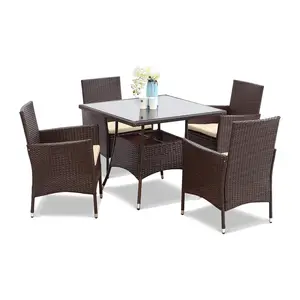 Плетеный обеденный набор из 5 предметов, Плетеный ротанговый уличный садовый набор стульев, обеденный стул с подушкой, обеденный стол
