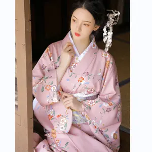 Japan Style Women's Long Dress Traditional Kimono Pink Color Floral Prints Formal Yukata Cosplay Clothing Photography Dress