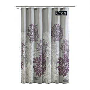 Rideau de douche moderne en polyester à imprimé floral, décoration de salle de bain imperméable avec ensemble de 4 pièces par Chen, design gris et violet - Product Image 1
