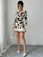 Robe Mini en Maille Imprimé Léopard pour Femme, Col Revers, Manches Longues, Coupe Ajustée, Ourlet Volanté, Personnalisable OEM ODM, Vente en Gros Usine