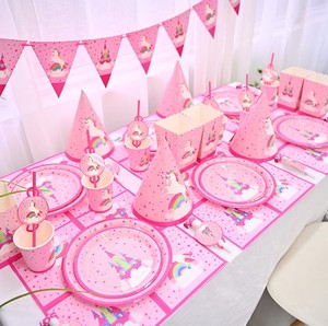 Unicornio Rosa Baby Shower niña suministros <span class=keywords><strong>de</strong></span> fiesta <span class=keywords><strong>de</strong></span> cumpleaños juego <span class=keywords><strong>de</strong></span> vajilla desechable platos <span class=keywords><strong>de</strong></span> papel vasos servilletas pajitas sombreros banderas Decoración - Product Image 1