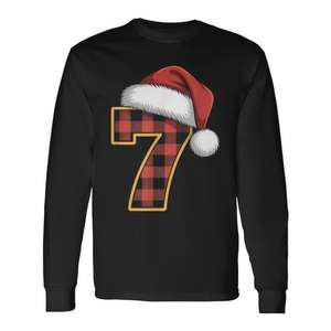 Camiseta navideña a cuadros con estampado de Papá Noel número 7, de manga larga, a juego con pijamas navideños - Product Image 1
