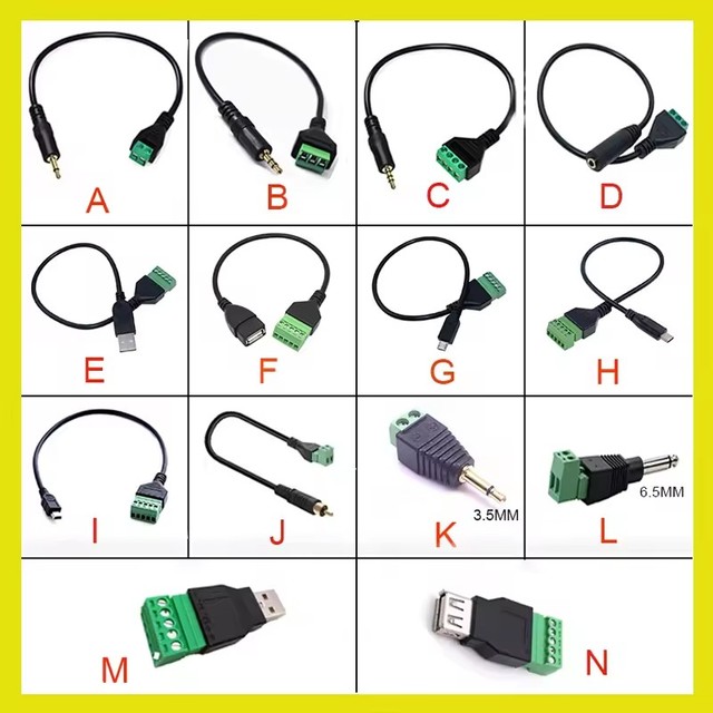 USB Female Mini USB Type-C RCA Male To Female Screw Terminal Stereo Jack Plug Connector Adapter Cable 3.5mm 6.5mm Post
