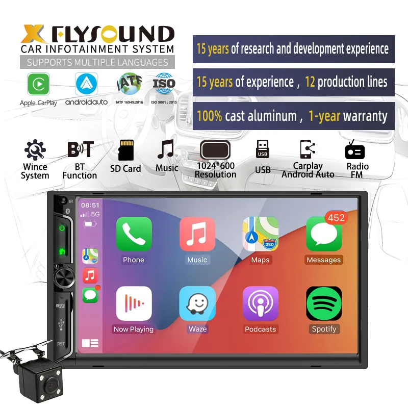 Flysonic OEM/ODM 7 Polegada 2 Din sistema de áudio do carro Wince rádio do carro BT Estéreo Android auto carplay carro dvd player