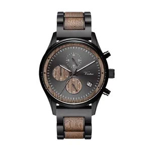 High Quality Black Stainless Steel Custom LOGO Watch Case Wood Strap Quartz Mens Luxury Wooden Watches