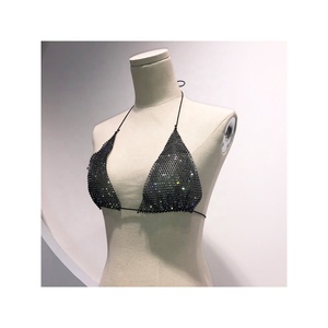 Costume da bagno bikini da spiaggia sexy trasparente in rete nera GF025 da donna, top corto senza maniche con strass - Product Image 2