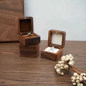 Custom Logo Luxury Square Walnut Wood Ring <b>Box</b> Transparent <b>Clear</b> Lid Jewelry <b>Gift</b> <b>Box</b> for Wedding Ceremony - Product Image 1