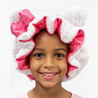 Bonnet de nuit en gros pour enfants, extérieur en peluche, intérieur en satin, bord festonné, nœud, oreilles d'ours, 28 cm de diamètre, assortiment de six couleurs pour filles