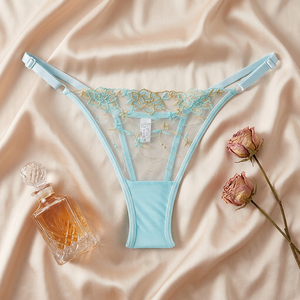 Culottes string brodées en dentelle bleue pour femmes, taille basse, en maille transparente, lingerie sexy, confortables, ultra-fines, sous-vêtements intimes - Product Image 3