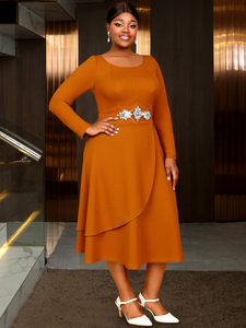 AM050720 elegante autunno con <span class=keywords><strong>scollo</strong></span> <span class=keywords><strong>a</strong></span> <span class=keywords><strong>barca</strong></span> <span class=keywords><strong>manica</strong></span> <span class=keywords><strong>lunga</strong></span> grande strass asimmetrico marrone Midi Plus Size <span class=keywords><strong>a</strong></span> linea <span class=keywords><strong>abito</strong></span> Casual da donna - Product Image 2