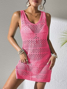 Vestido de playa sin mangas de punto de ganchillo para mujer, vestido corto hueco para cubrir el bikini, minivestido - Product Image 4