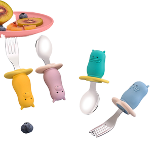 어린이 아기 스테인레스 스틸 쇼트 스푼과 포크 트레이닝 식기 실리콘 쇼트 핸들 포크와 스푼 - Product Image 2