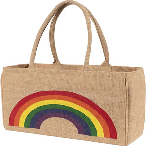 Bolsa de Yute Natural Ecológica, Bolsa de Compras de Arpillera con Estampado de Rayas Arcoíris, Gran Capacidad - Product Image 2