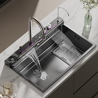 Évier de cuisine multifonctionnel intelligent en acier inoxydable fait main à cascade et à cuve unique
