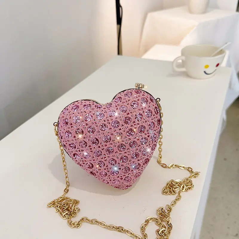 Summer heart shape diamond evening bags for party shine shoulder bags for lady clutch purses