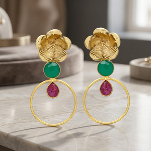 Matte Gold Flower Stud Drop <b>Earrings</b> Dual Gemstone Open Circle Hoop Aquamarine Gold Plated Ethnic Engagement Dangle <b>Earrings</b> - Product Image 2